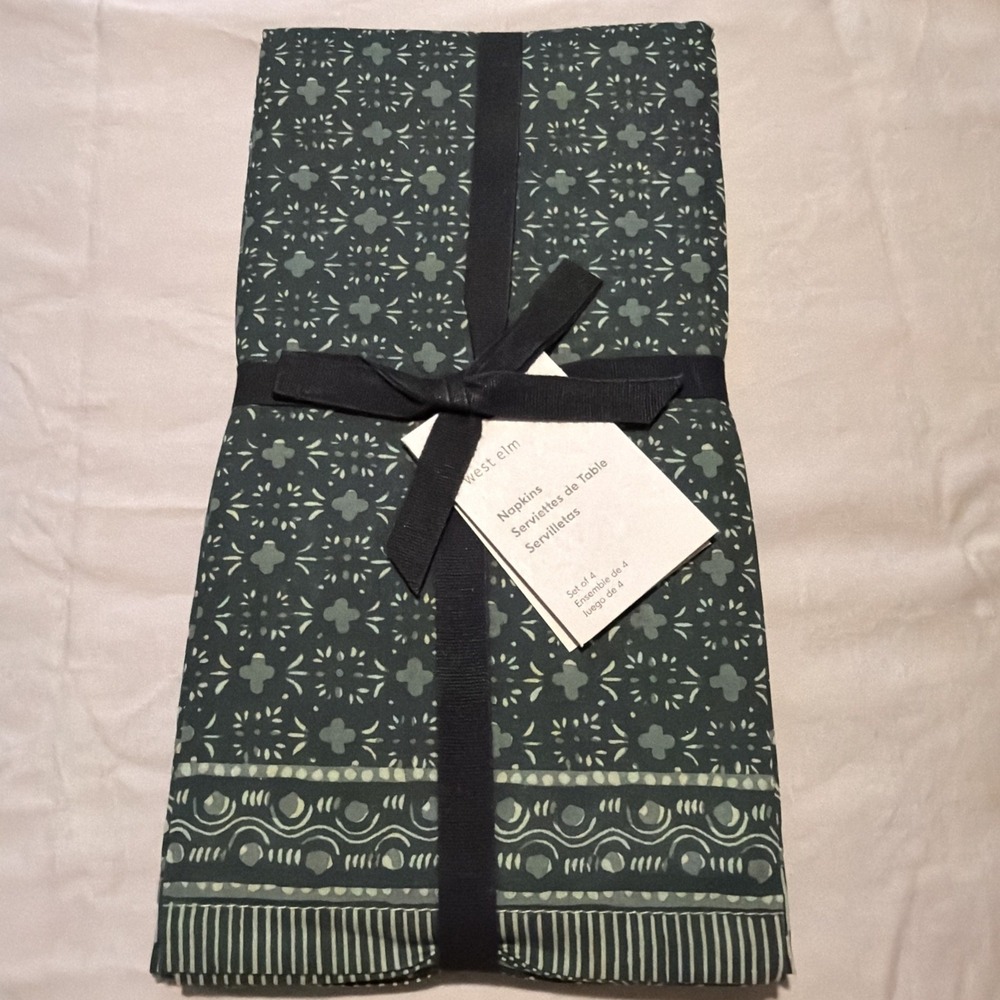 West Elm Jude GREEN Boho 20" X 20" Napkins Cotton NEW WITH TAGS